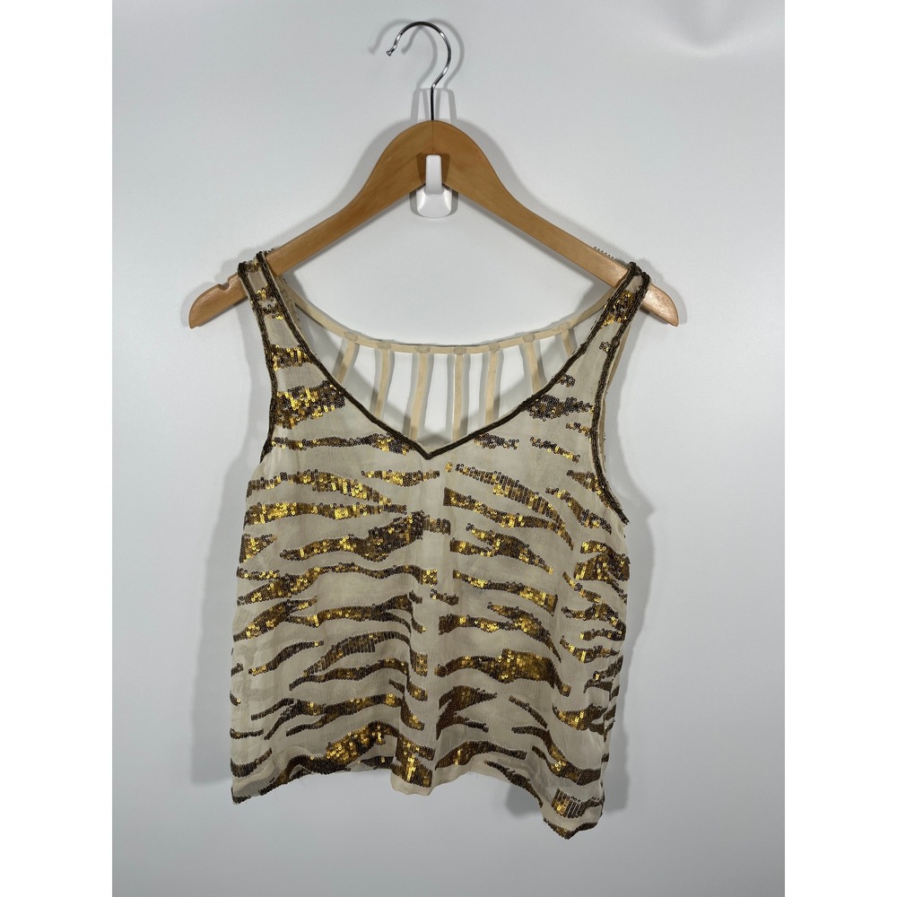 Ecote Women Top M Gold Open‎ Back Sheer Sequin Beaded Indie Sleaze Maximalist